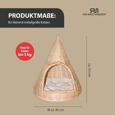 Кігтеточка-лежанка для котів Rohrschneider Sammy | Гніздо з ротанга, з м'якою подушкою, для підвішування та встановлення | 45x45x55 см, бежевий | Натуральні матеріали