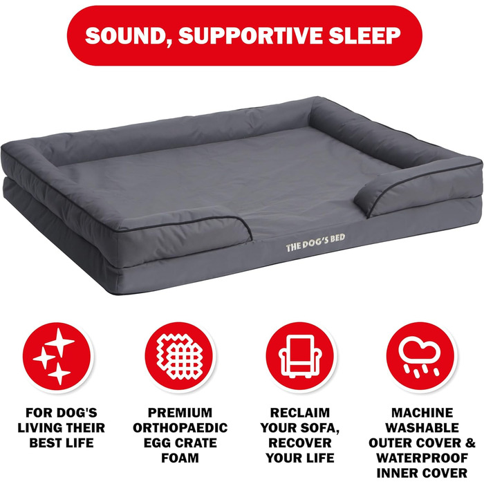 Ортопедичне ліжко для собак з ефектом пам'яті, водовідштовхувальне, велике, сіро-срібне, знімні чохли (XXL, сіре з чорним кантом)