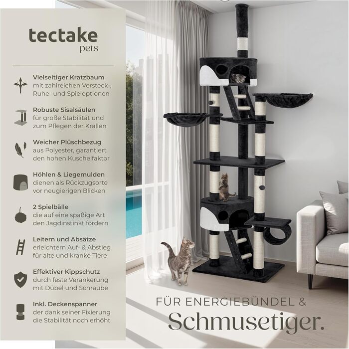 Котячий дряпак tectake XXL, регульований, з полицею, драбинкою, тунелем, домиком і сизалевими стовпами, чорний/білий, 243-260 см