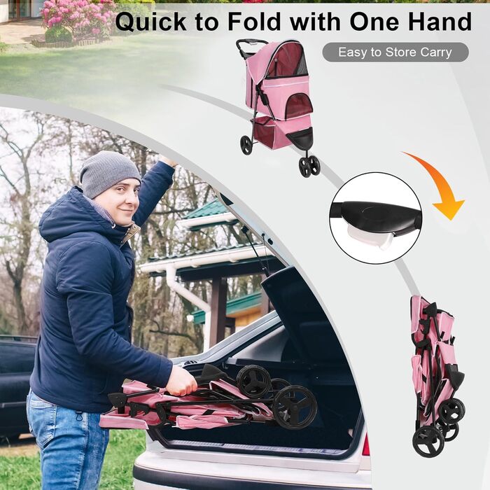 Дитяча візок для тварин, складний, для котів/собак, з кошиком для зберігання та тримачем для напоїв, 3 колеса, для собак та котів, для маленьких або середніх собак, котів, цуценят (Рожевий)