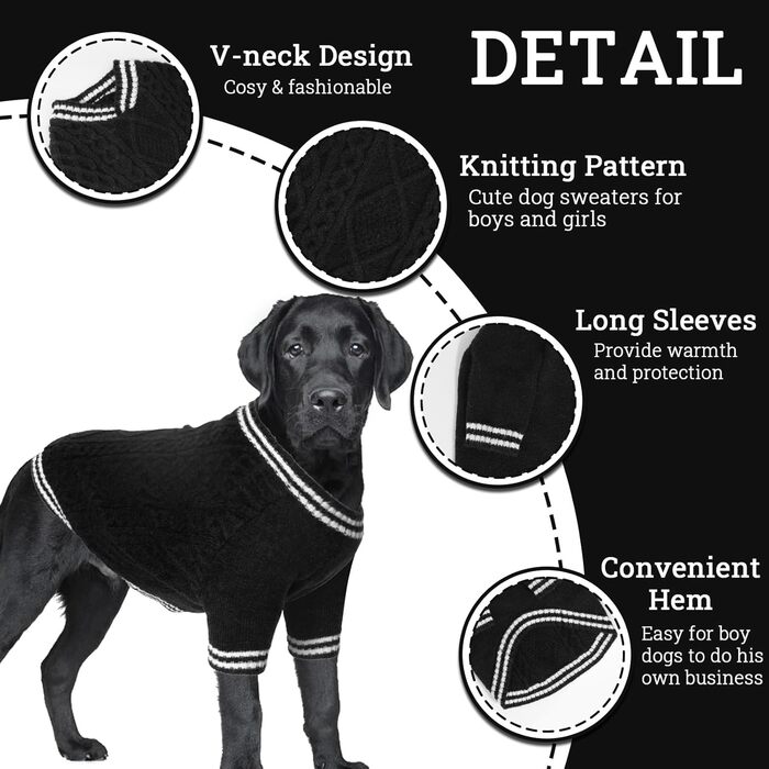 Вовняний пуловер для собак LiebeDD з V-подібним вирізом, чорного кольору, для дрібних та середніх порід, ідеально підходить для такс та грейхаундів (M)