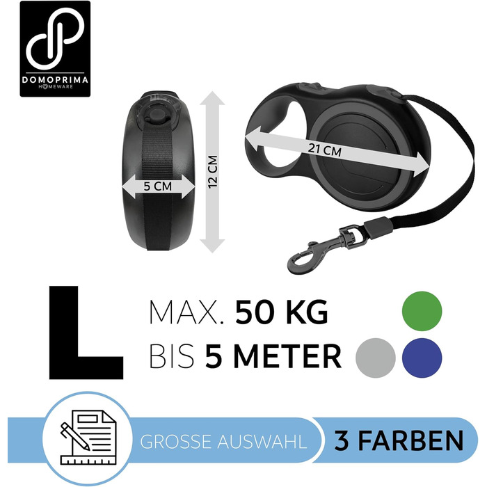 Рулетка для собак DOMOPRIMA, 3 розміри (S, M, L), 4 кольори (сірий, блакитний, зелений, рожевий) - Міцна та безпечна рулетка з відбиваючим ремінцем. Зелена, L