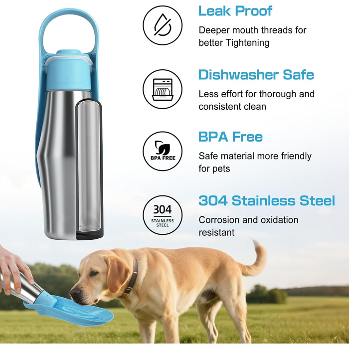 Водяна пляшка для собак на прогулянці - витокозахисна, з нержавіючої сталі, подвійні стінки, вакуумна ізоляція, 750 мл (Блакитна)
