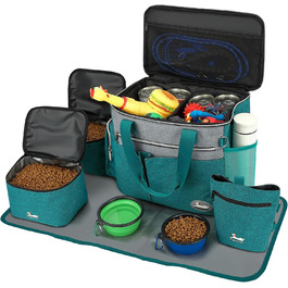 Сумка для собак у подорожах: рейс, аксесуари, 2 місткості для корму, складна миска, килимок, кишеня для ласощів, блакитно-зелена