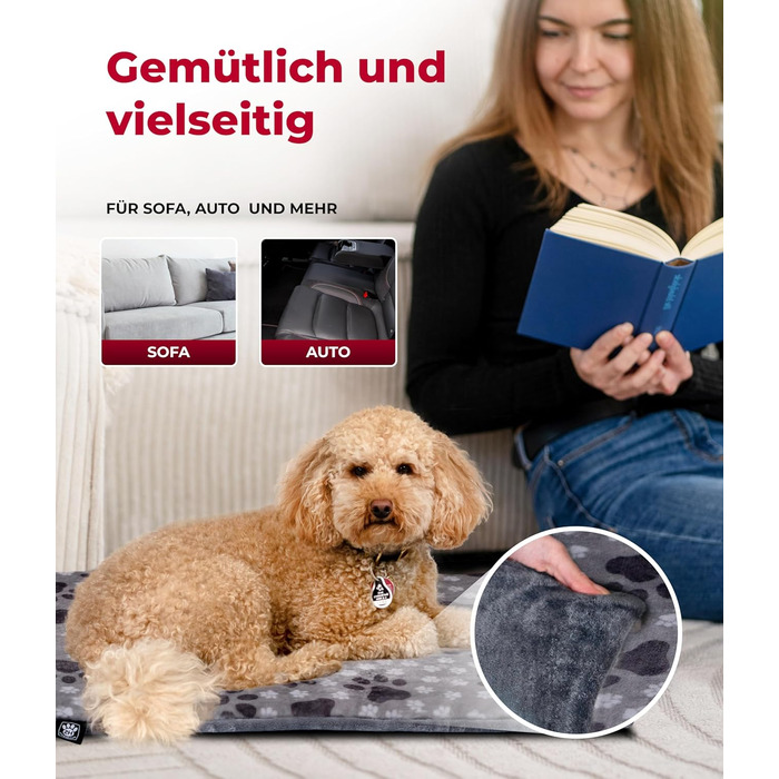 HS-Hundebett® Лежак для собак середній 65x95 см, двосторонній, м'який, 3 см наповнювач, для дивану, авто та переноски, сірий з лапкою, вироблено в Німеччині