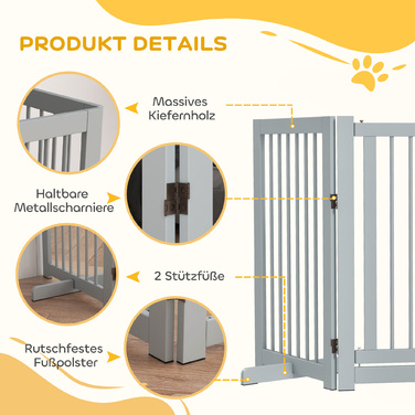 PawHut Barrier Dog 4 частини, Ворота для собаки з дверима, Ворота для собак складні, дерево, світло-сірий