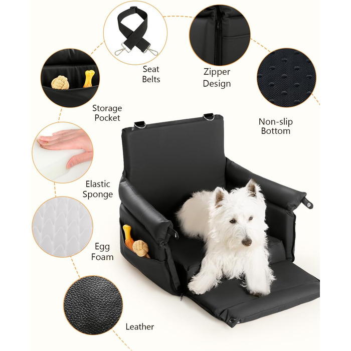 Автокрісло для собак, підвищувач для собак, автокрісло з підсумками, повідком, для тварин до 13,6 кг, шкіряне покриття