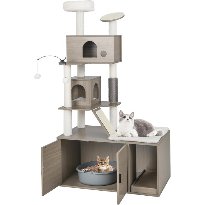 Дерев'яний комплекс для котів COSTWAY з будиночком, когтеточкою, іграшками та м'яким лежанком. Великий кігтешкребок для котів, сірий, 95x55,5x132 см