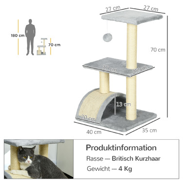 PawHut Cat Tree 72 см Котяча вежа з плюшевими кульками, стовбури з сизалю, платформа, кігтеточка Багатоярусна кігтеточка для кішок, лазіння по дереву, для середніх кішок, світло-сірий | Аосом