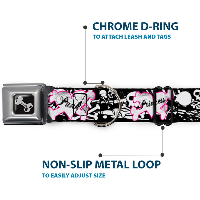 Нашийник для собак Buckle-Down Punk Princess: серце, хрест, черепи, чорно-білий, ширина 2,5 см, обхват 38-66 см