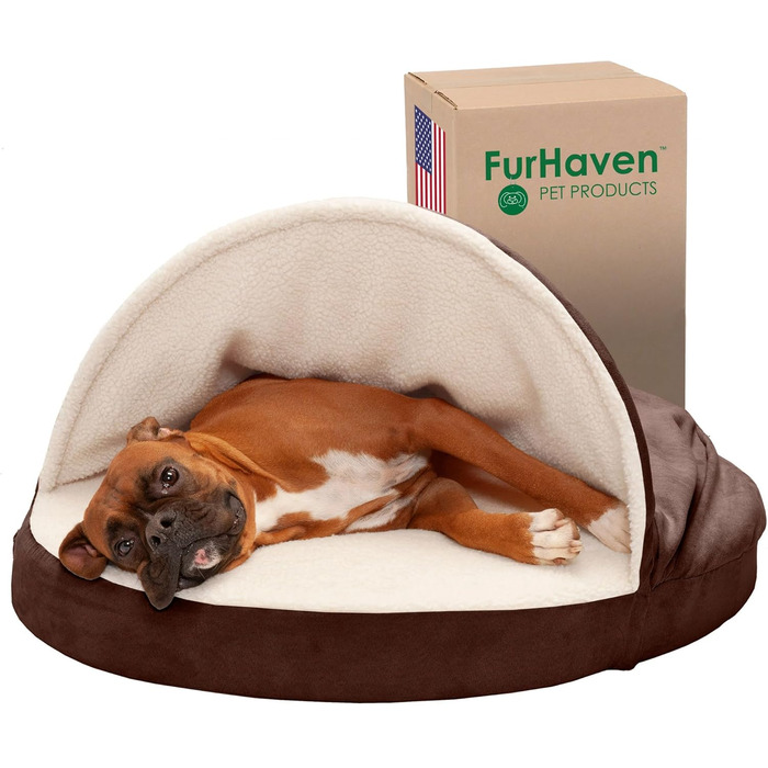 Кругле собаче ліжко Furhaven з memory foam, 89 см, для великих та середніх собак, знімний, пральний чохол, Sherpa & Suede Snuggery, Espresso