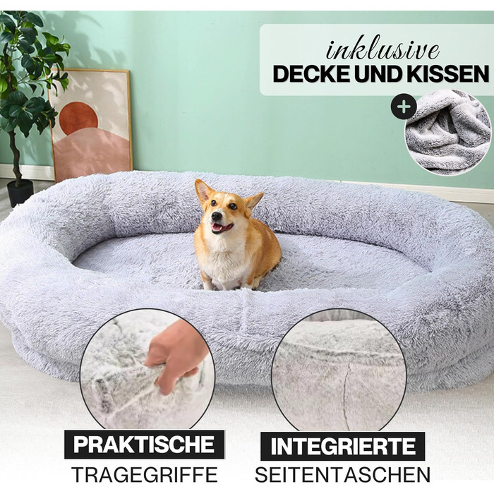 Ліжко для собак Noviclass® XXL 190 см | Ортопедичний матрац з Memory Foam | Зігріваюча ковдра та подушка | Сірий колір | Для великих собак