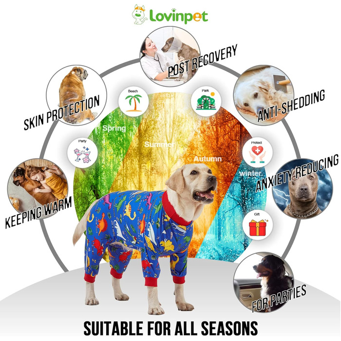 LovinPet Одяг для великих собак Пітбуль 3XL, післяопераційний комбінезон для собак, захист від УФ, антистрес, динозавровий принт