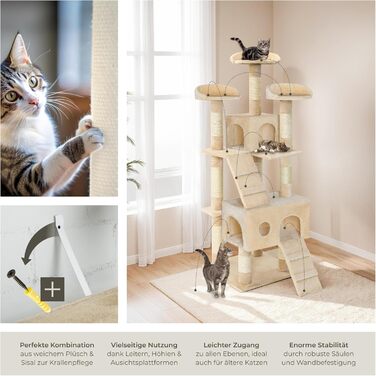 tectake® Великий дряпак для котів, середній котячий комплекс із 3 сизалевими стовпчиками, 3 місцями для відпочинку, будиночком і 2 сходами, для котів і кошенят, бежевий