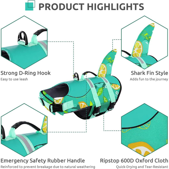 Спасальний жилет для собак у вигляді акули, XL (1 шт.), зелено-лимонний, для водних розваг, з ручкою та світловідбиваючими елементами