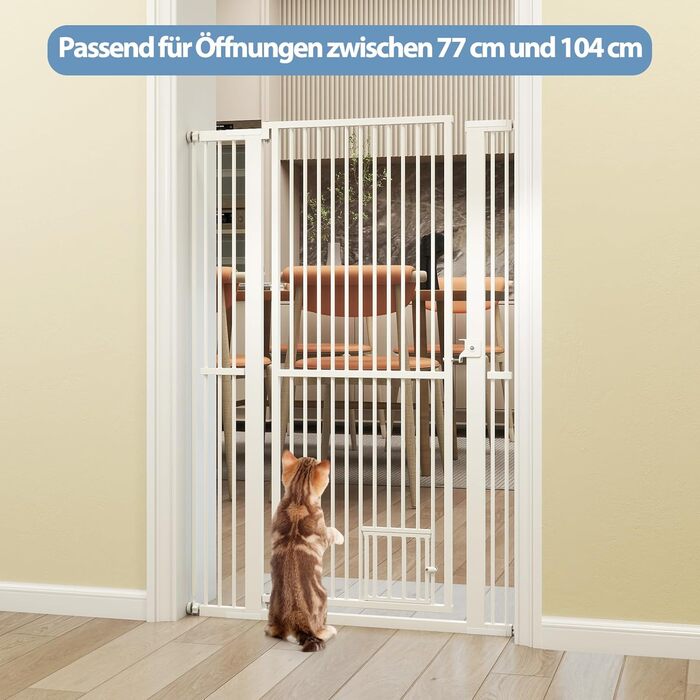 Захист для воріт COSTWAY для собак, високе перегороджувальне ґрат, 77-104 см x 150 см, захист з маленькими дверима, 2 розширення, ґрат без свердління, висувний ґрат для собак, металевий захисний ґрат, білий