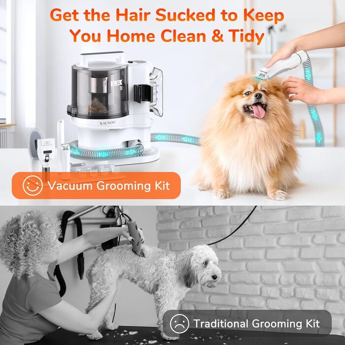 Набір для догляду за тваринами KACNON: шерстьосав'ювач та пилосос 3.3L, 13kPa. Безшумна машинка для стрижки собак та котів. Електрична щітка для тварин. Білий колір