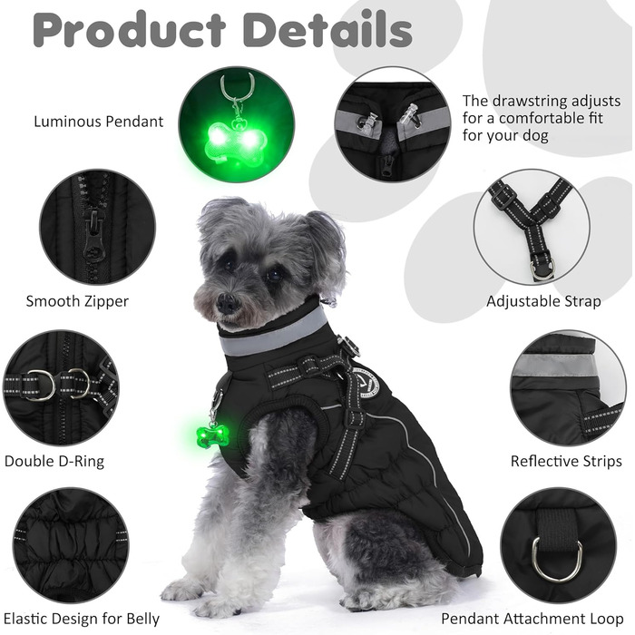 Зимовий одяг для собак: тепла куртка з LED-краваткою, світловідбиваючі смуги, водонепроникний, для маленьких та середніх собак (Чорний, XXL)