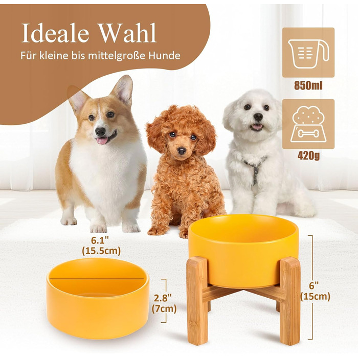 Жовтий керамічний миска для собак та котів на підставці з бамбука, 850 мл