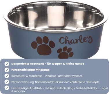 Персоналізований миска для собак з нержавіючої сталі 2200 мл – протиковзкий кільце – для великих собак – з іменем – Petslino (Металево-блакитний, XS)