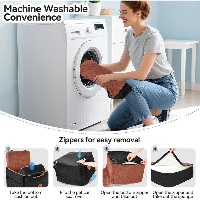 Автокрісло для собак маленьких та середніх порід (до 15 кг), знімний та миючий чохол, 2 ремені безпеки (чорний/коричневий)