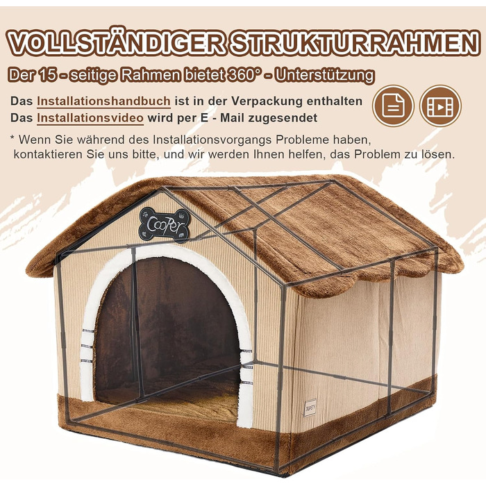 Будинок для собак Jiupety Indoor з каркасом, затишне ліжко для собак з дахом, розмір 3XL (97x76x71 см), для собак вагою 27-45 кг, коричневий
