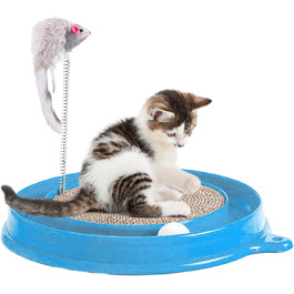 Кігтеточка для котів з м'ячиком та іграшковою мишкою - інтерактивна іграшка для кошенят, тренування та розваги. Ігровий мат для котів, синій.