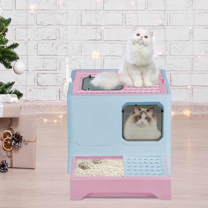 Домашній туалет для котів Homewell із кришкою та совком, закритий котячий лоток-шухляда, багатофункціональний комфортний аксесуар для котів, 45x35x38 см, синій, модель 5