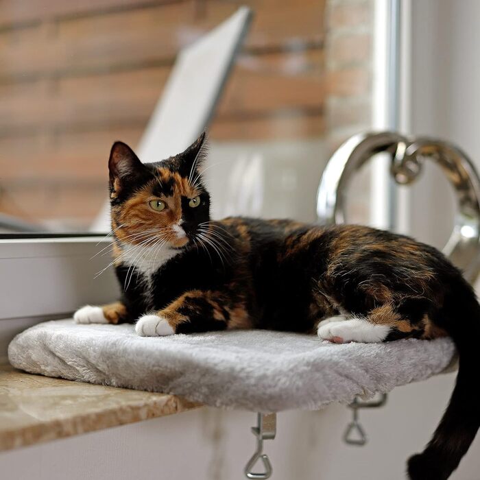 Кішка лежанка для вікна Lionto, м'яка, плюшева, 35x50 см, сіра, до 15 кг