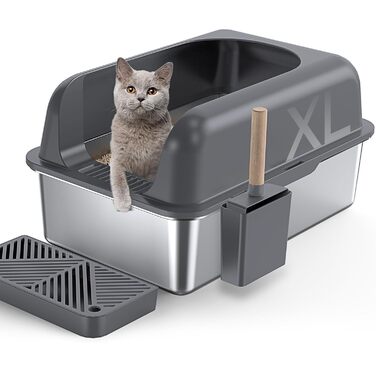 Котлочистка Gimars XL для котів з нержавіючої сталі, велика лоток для котів з металу 20л з совком та килимком, котячий туалет з нержавіючої сталі для середніх та великих котів (темно-сіра з педалем)