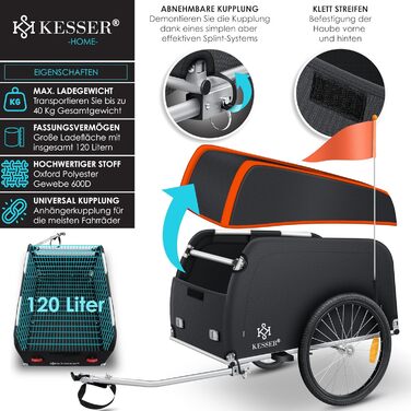 KESSER® Причіп для велосипеда вантажний, 120 літрів, оранжевий/антрацитовий, з дахом та функцією складання