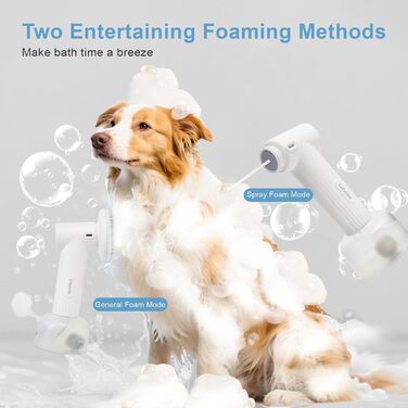 Електричний диспенсер пінки для миття собак з щіткою. М'яка щітка, масаж та грумінг. Регульовані режими пінки/спрею. Бездротовий диспенсер миючого засобу для собак з короткою та довгою шерстю. (Білий)
