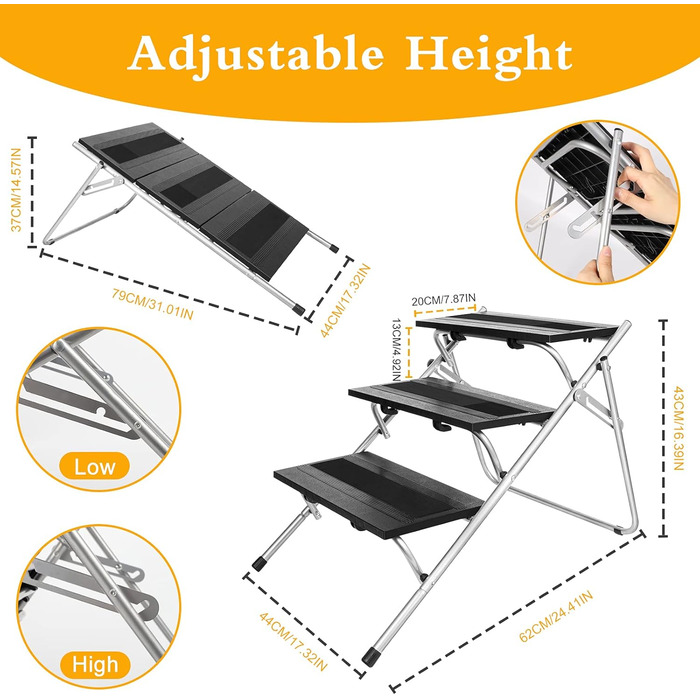 Сходинка для собак JOEJOY Cabrio 2-в-1: драбина та пандус, 3 сходинки, для малих собак та котів, для ліжка, авто, дивану