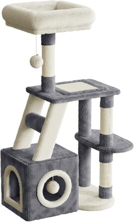 Кігтеточка для котів Dogat 107 см: багатоярусна, з будиночком, лежаком та ігровими елементами (сірий/бежевий)