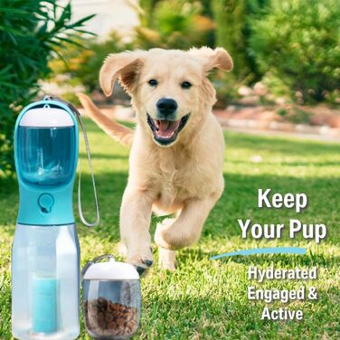 Портативна пляшка для собак PANJAL, 600 мл, 4-в-1, витокозахисна, без BPA, з дозатором відходів, відділенням для ласощів, фільтром – для прогулянок, походів, подорожей, блакитна