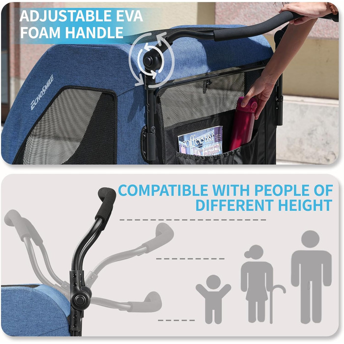 Візок для собак EchoSmile, середній та великий розмір, до 70 кг, складаний, з сітковими вікнами, регульована ручка, 4 проходимі колеса (блакитний)