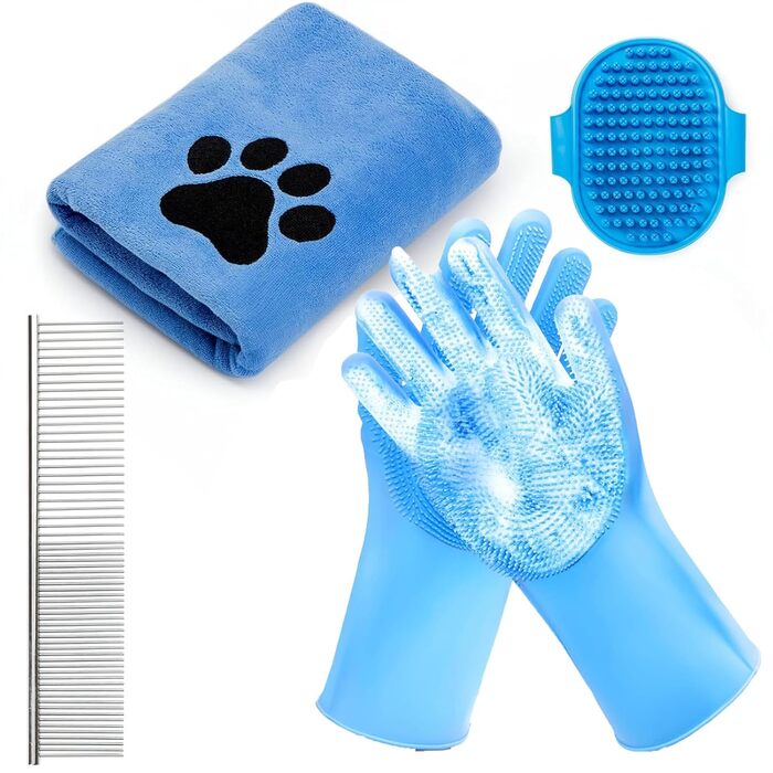 Набір для миття собак 4-в-1: рушник, рукавичка, гребінець, щітка для масажу. Ідеальний догляд за вашим улюбленцем (4-Блакитний)