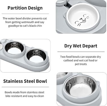 Набір мисок для котів Marchul 3 в 1: годівниця, поїлка з дозатором, миски з нержавіючої сталі, нахил 15°, для котів та собак маленьких та середніх порід (сірий)