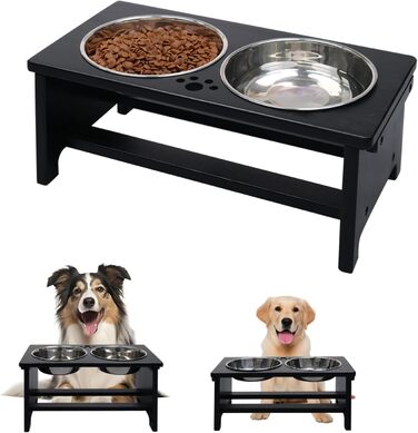 Підвищені годівниці для собак HTB, бамбук, з 2 мисками з нержавіючої сталі, 44x24x18 см, 18 см висота, чорний колір