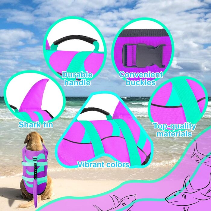 Шкіряна жилетка для собак Fragralley з принтом акули, для плавання та катання на човнах, жилет для собак з високою плавучістю та ручкою для рятування, для собак малих, середніх та великих розмірів (X-Small, фіолетовий + GN)