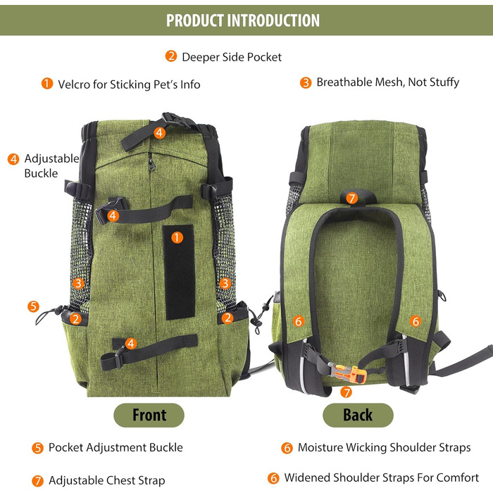 PETCUTE Рюкзак для собак і котів, переноска для тварин, рюкзак-переноска для подорожей, рюкзак з вентиляцією для маленьких і середніх собак і котів до 10 кг, трав'яно-зелений M (до 10 кг)
