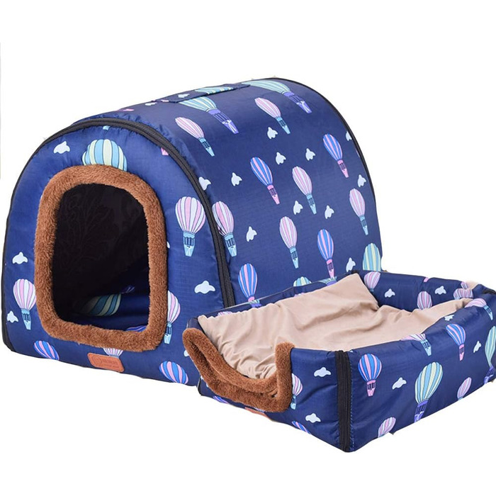 Портативне складане ліжко для собак та котів HONGBI, 2 в 1: будиночок та диван, знімний килимок, блакитний колір з білим зірками (S, блакитний з кольоровими кульками)