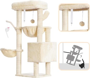 Котячий будиночок Heybly Kratzbaum: 100 см, з платформою, печерею, 2 гамаками та іграшками. Активний котячий будиночок, HCT006SW (Бежевий)