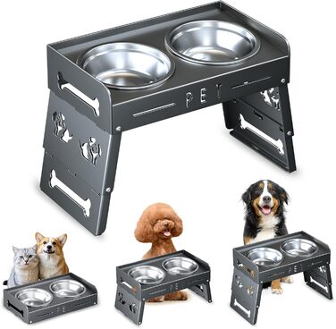 Підвищений годівниця для собак з 3 рівнями – 2 великі миски з нержавіючої сталі для маленьких, середніх та великих собак (Сірий)