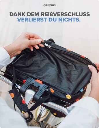 Фарбований кошик для велосипеда BÜCHEL | Кошик-сумка для покупок | Складаний | З експрес-кріпленням для швидкого встановлення та зняття | Чорний з кольоровими крапками