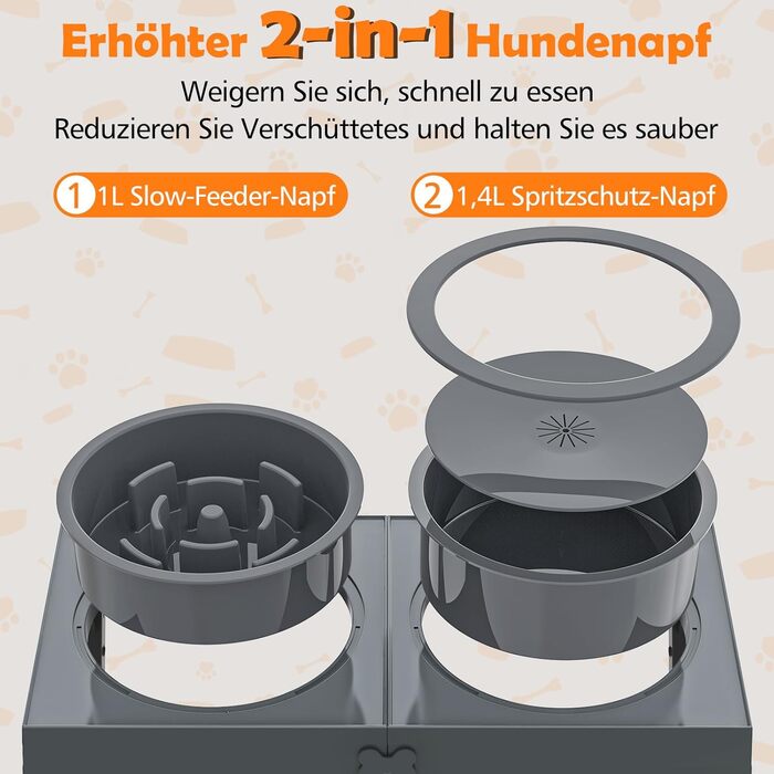 Набір мисок для собак X-BEN 3-в-1: миска для води з захистом від пролиття 1.4L, миска від захлипування 1L, годівниця з 5 рівнями регулювання висоти, для середніх та великих собак, антиковзаюча, сіра