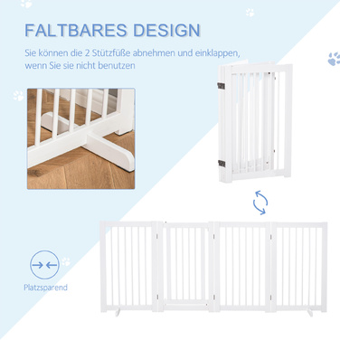 PawHut Barrier Dog 4 частини, 220 x 91 см складні ворота з дверима, окремо стоячі ворота для собак з 2 опорними ніжками, дерев'яні сходові ворота для передпокою, кухні, сходів, білі | Аосом