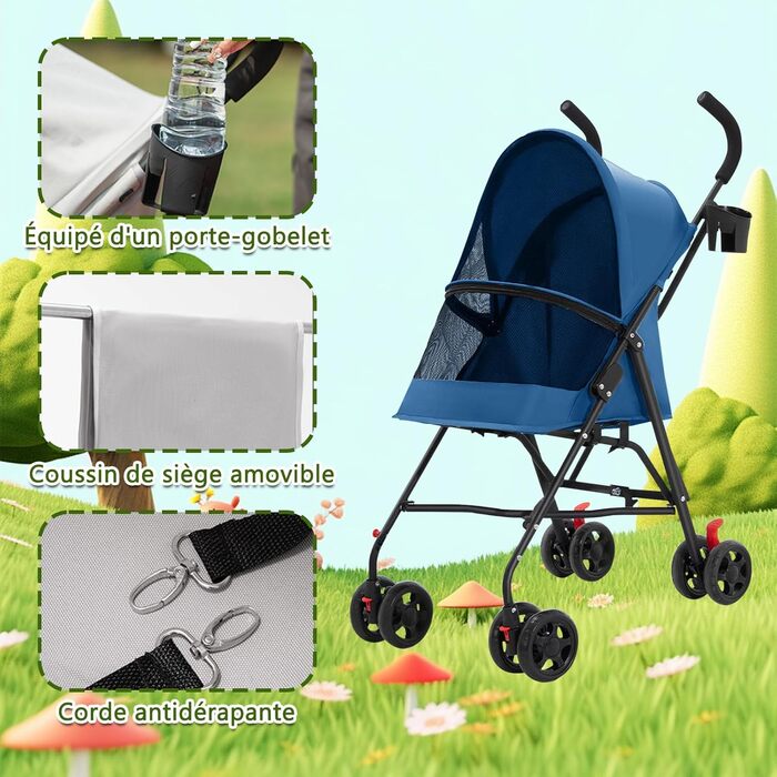 Дитяча коляска для тварин Homewell, складна, з тримачем для напоїв та ременем безпеки, вантажопідйомність 15 кг, колеса з блокуванням 360°, блакитна