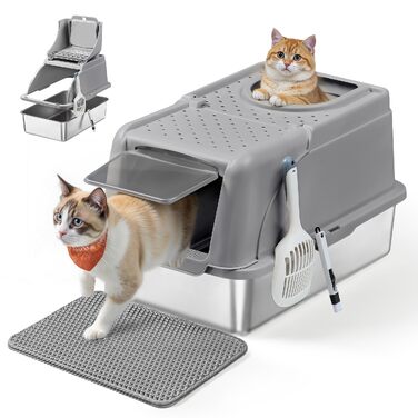 Сталевий лоток для котів Feandrea XL з кришкою, для великих котів до 15 кг, колір: голубино-сірий