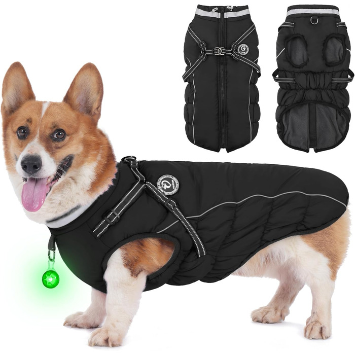 Зимовий одяг для собак: теплий водонепроникний одяг з коміром LED та світловідбиваючими смугами, 5XL, чорний